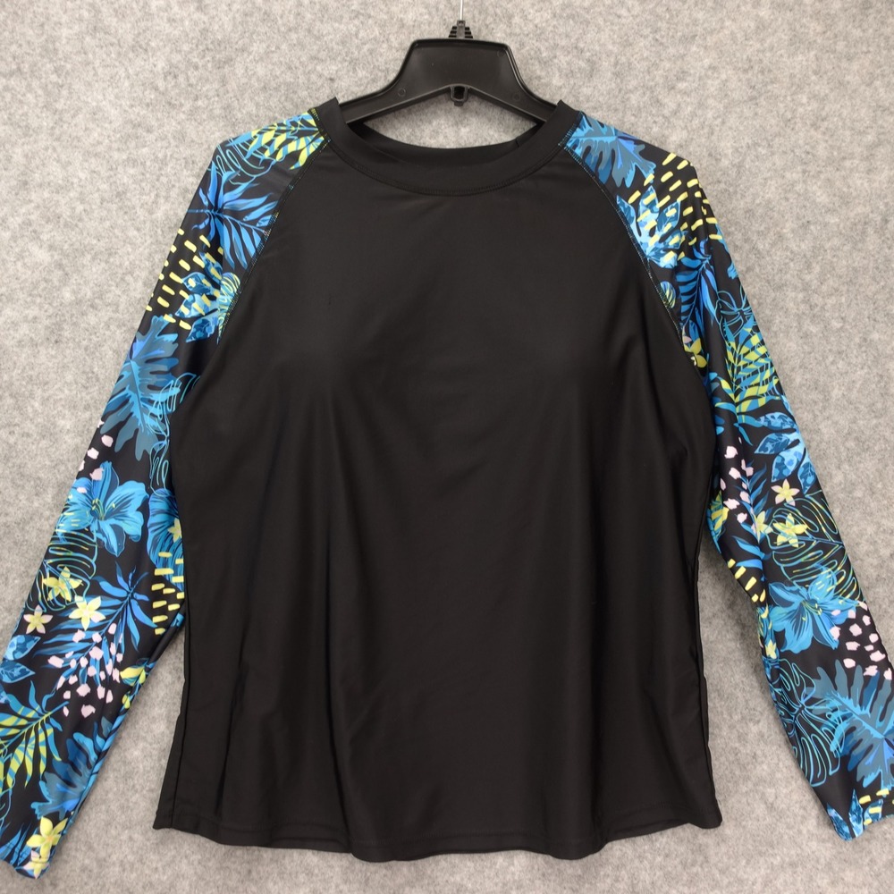 Black Tropical Rash Guard Womens 1X Plus Blue Surf Performance Swim Top 16W